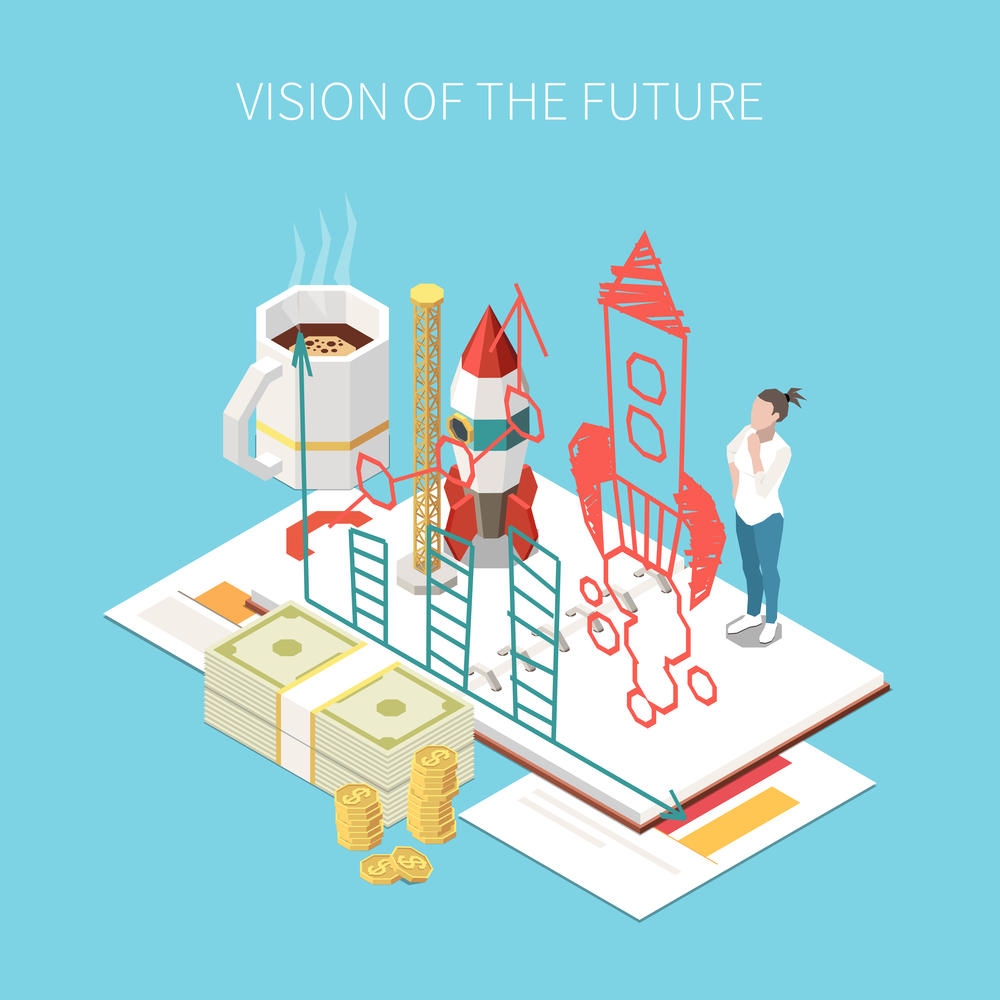 Entrepreneur and business isometric concept with future vision symbols vector illustration. Entrepreneur Isometric Concept