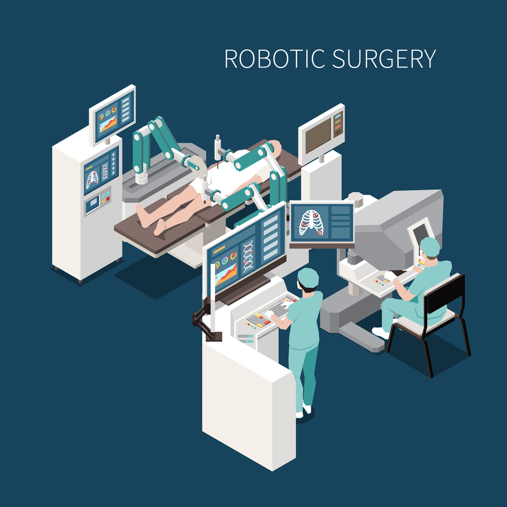 Robotic surgery isometric composition with innovative operation symbols vector illustration. Robotic Surgery Isometric Composition