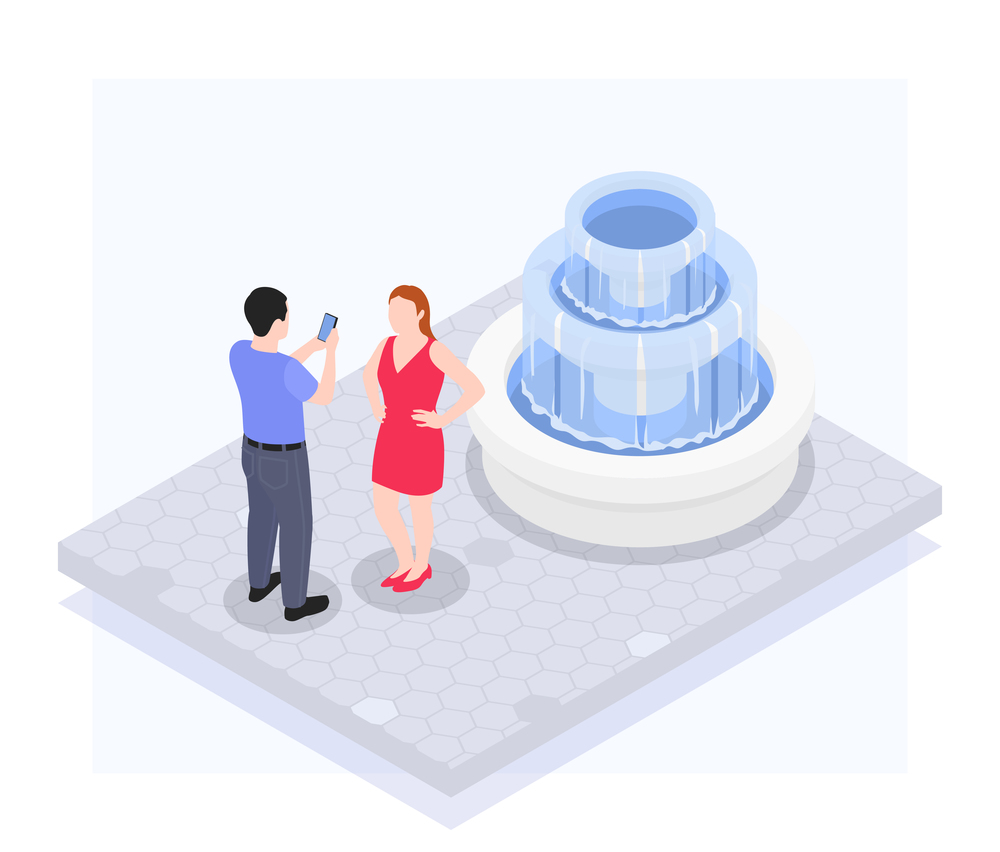 A man photographs a woman in front of a fountain on a mobile camera isometric vector illustration. Mobile Photography Video Isometric Set