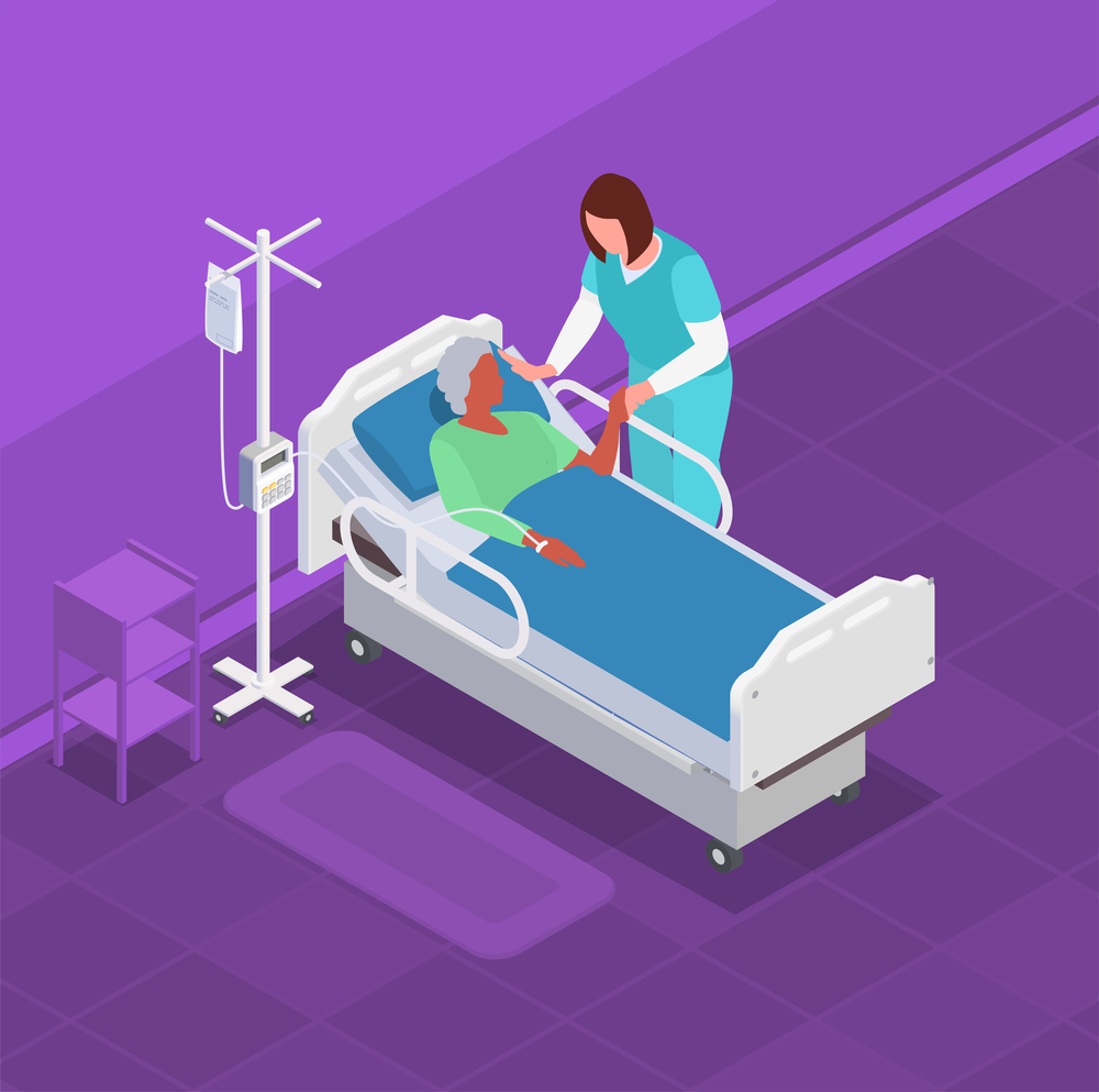 Nurse caring for an elderly woman in a hospital bed isometric vector illustration. Nurse caring for an elderly vector illustration