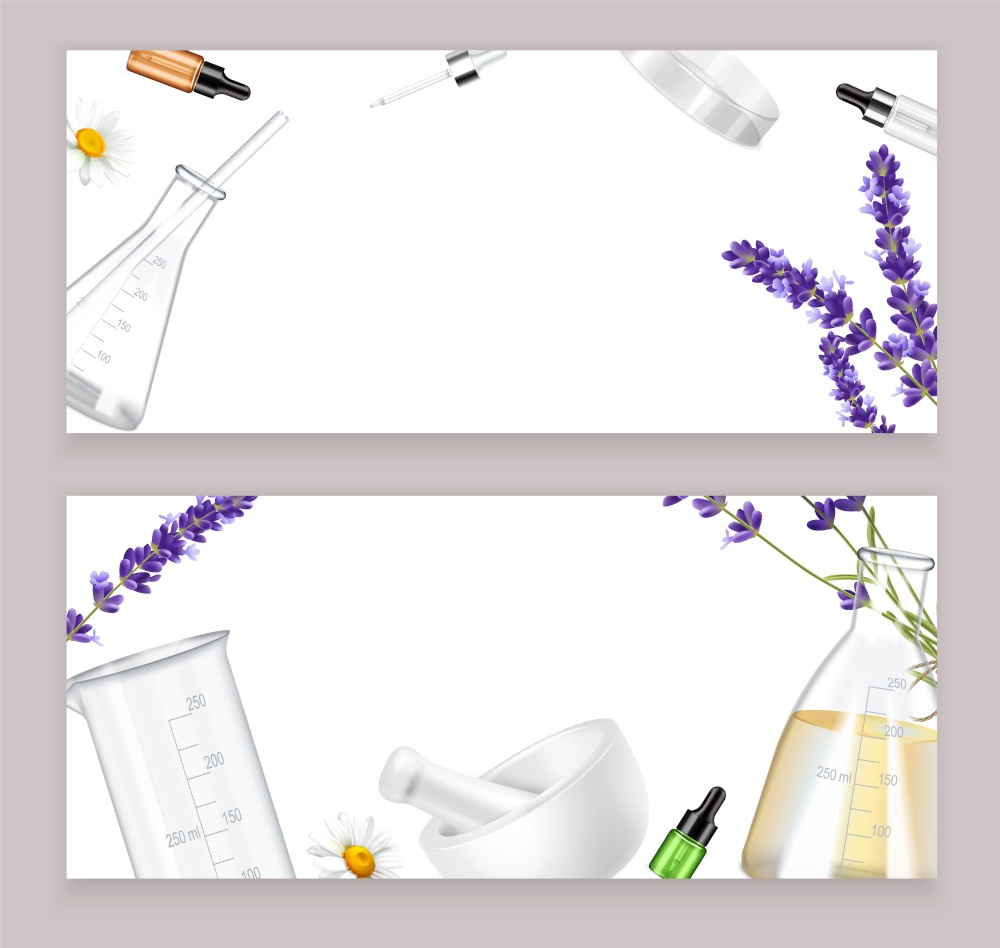 Realistic horizontal banners with tools and flowers for making essential oil for aromatherapy isolated vector illustration. Aromatherapy Realistic Banners