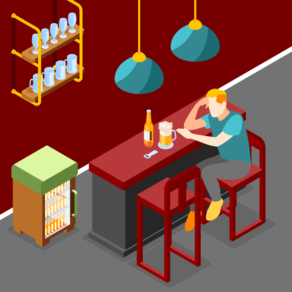 Loneliness isometric background with young man drinking beer in modern home interior vector illustration. Loneliness Isometric Background