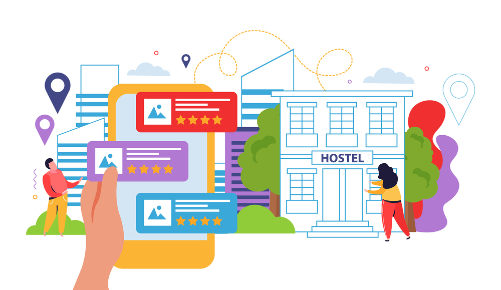 Hostel and tourists flat design concept with people booking hotel via mobile app vector illustration. Hostel And Tourists Flat Design Concept