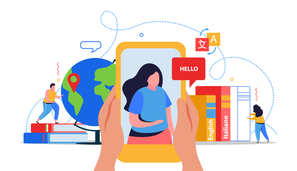 Online language school flat design concept with woman on smartphone screen says hello to her interlocutor vector illustration. Language School Flat Design Concept