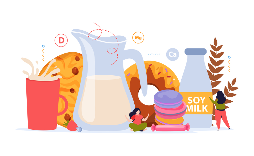 Milk usage flat background with bakery products bottle of soy milk and jug of cow milk vector illustration. Milk Usage Flat Background
