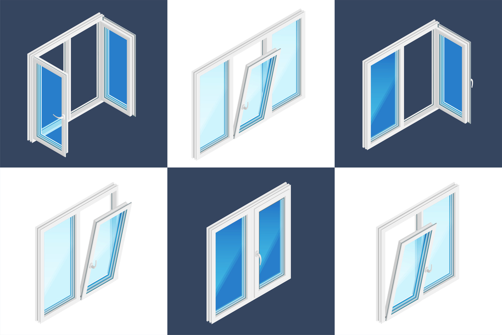 Window installation isometric design concept set of six square icons with opened and closed plastic windows on white and dark background vector illustration. Windows Installation Isometric Design Concept