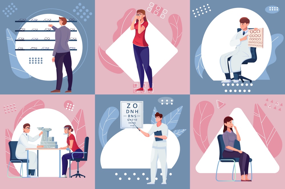 Various scenes in the work of the ophthalmological office flat vector illustration. Ophthalmology Composition Set