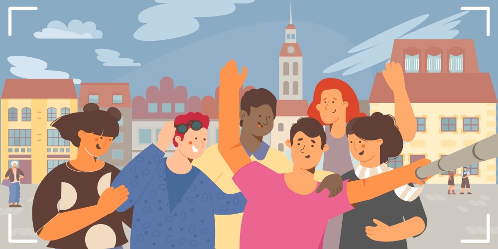 Selfie group flat composition with historical town landmark cityscape background and group of happy friends tourists vector illustration. Group Selfie Flat Composition