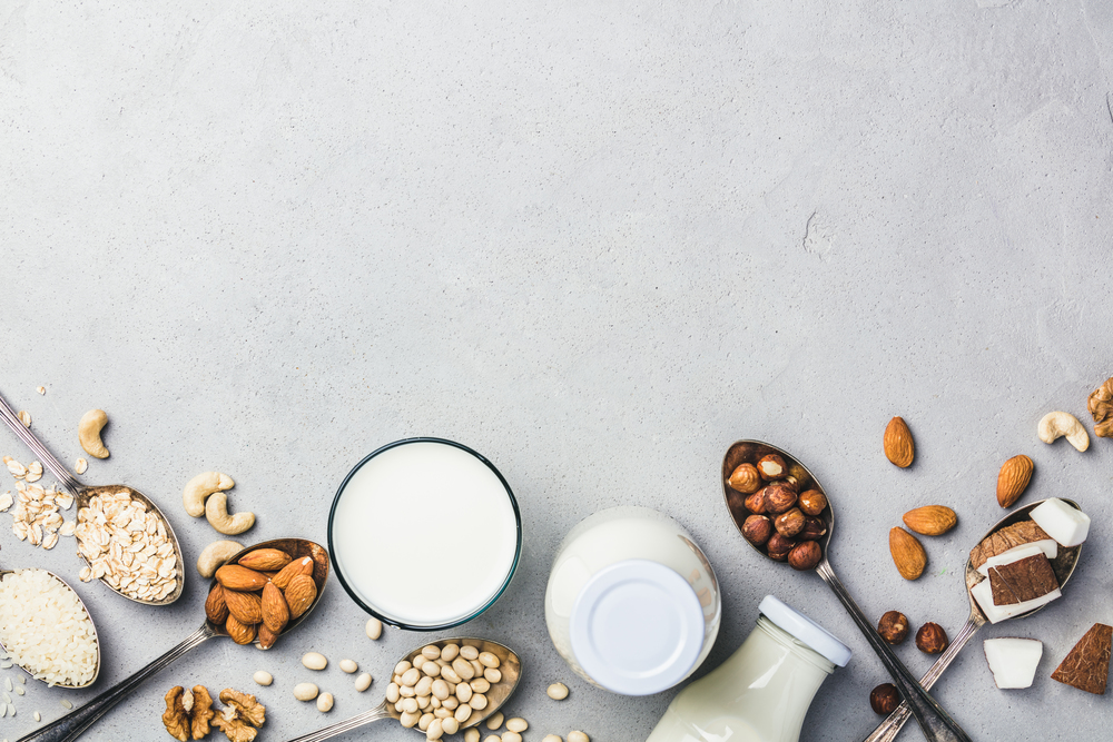 Vegan milk and ingredients on grey concrete background, flat lay. Vegan, vegetarian, clean eating concept