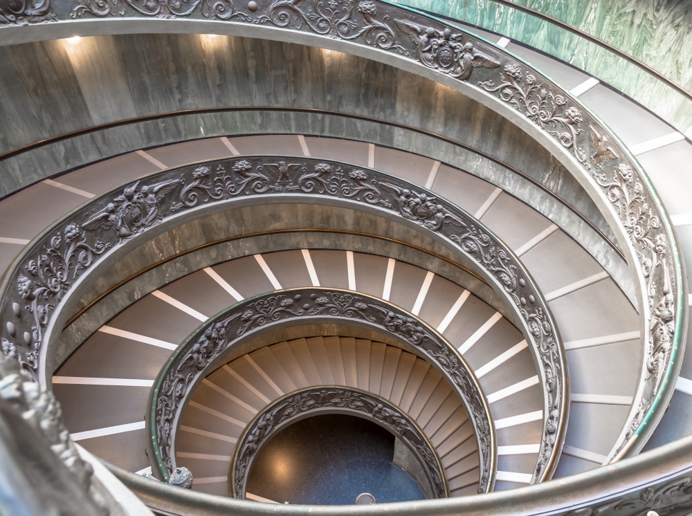 ROME, ITALY - CIRCA SEPTEMBER 2020: the famous spiral staircase with double helix. Vatican Museum, made by Giuseppe Momo in 1932
