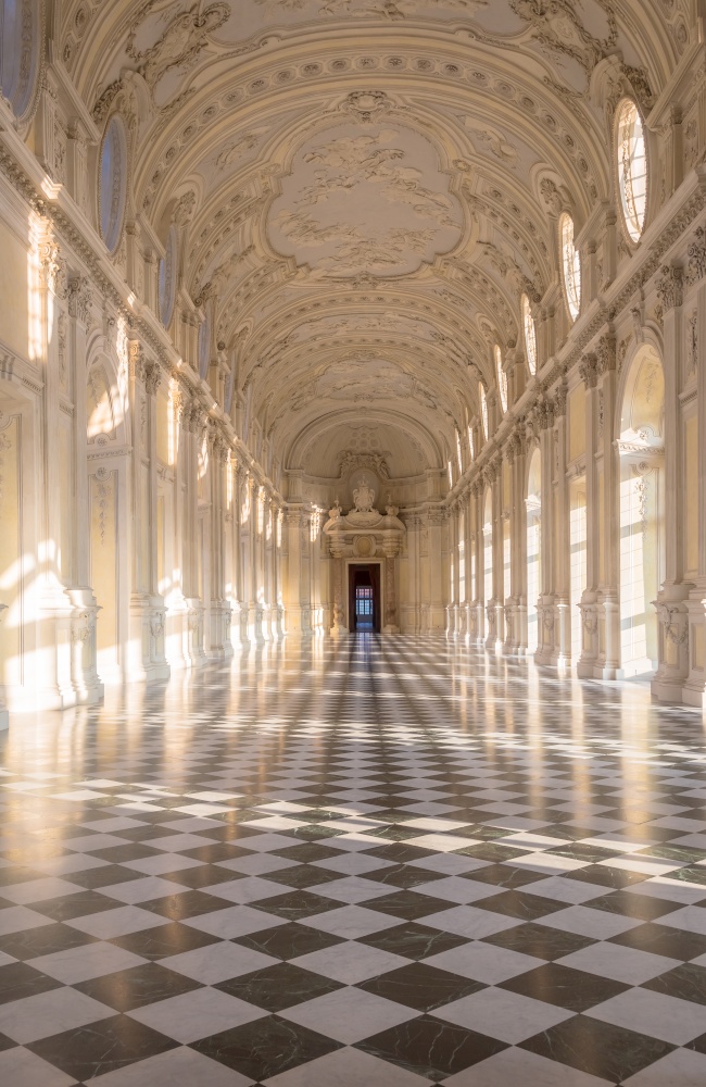 VENARIA REALE, ITALY - CIRCA SEPTEMBER 2020: luxury marble for this gallery interior. The Great Gallery is located in Reggia di Venaria Reale (Venaria Royal Palace)