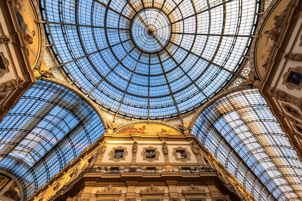 MILAN, ITALY - CIRCA AUGUST 2020: Architecture in Milan fashion Gallery, Italy. Dome roof architectural detail.