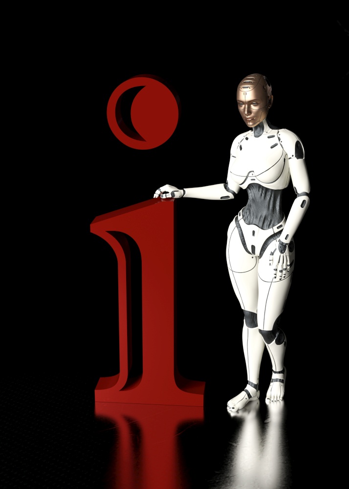 A white cyborg holds the letter i. Information illustration - 3d rendering. A white cyborg holds the letter i. Information illustration.
