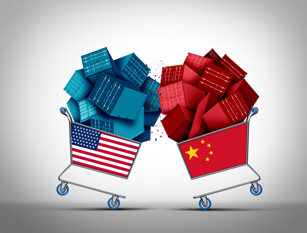 China American trade fight and USA economic challenge or United States Chinese business negotiations conflict concept as an economic war and tariff dispute on imports and exports industry as a 3D illustration.