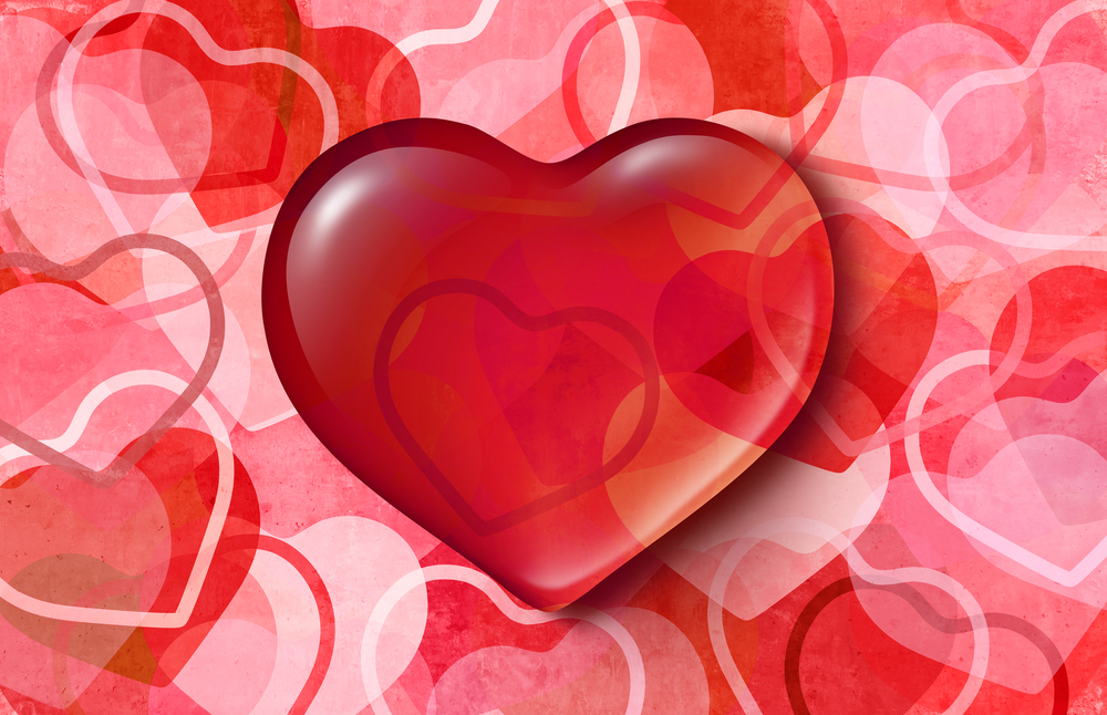 Valentine love heart on an abstract background as a pink and red design representing a romantic holiday pattern with 3D illustration elements.