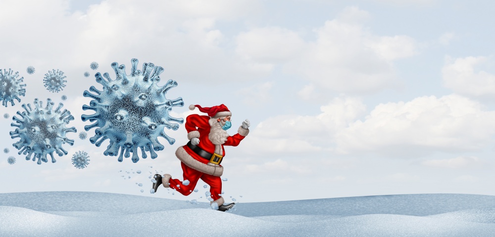Holiday disease prevention and Santa Claus wearing a face mask running away from the virus as a Christmas season symbol for winter health viral infection with 3D render elements.