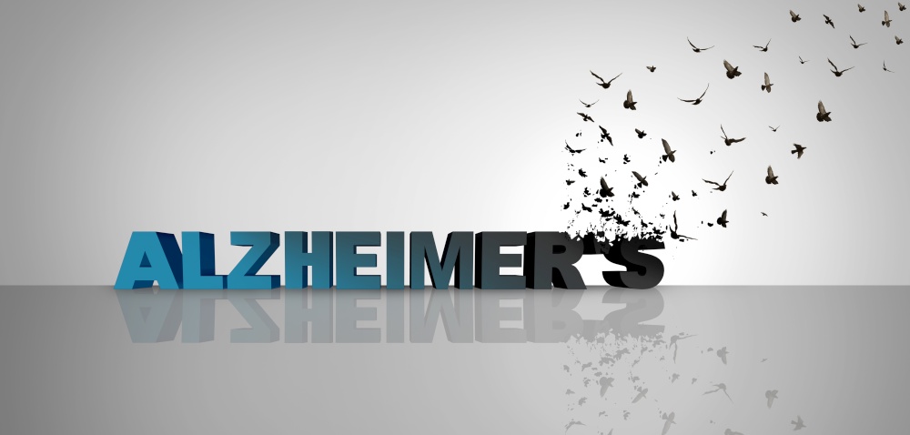 Alzheimer awareness and memory loss or alzheimer&rsquo;s disease as text representing dementia mental health and neurological medical brain research concept as a 3D illustration.