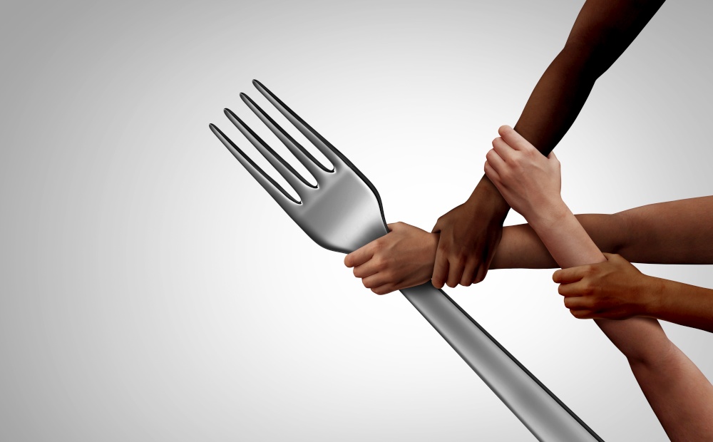 Feed the hungry and helping to fight hunger together as a group of diverse volunteer helping hands holding a fork representing charity and donation community support with 3d render elements.
