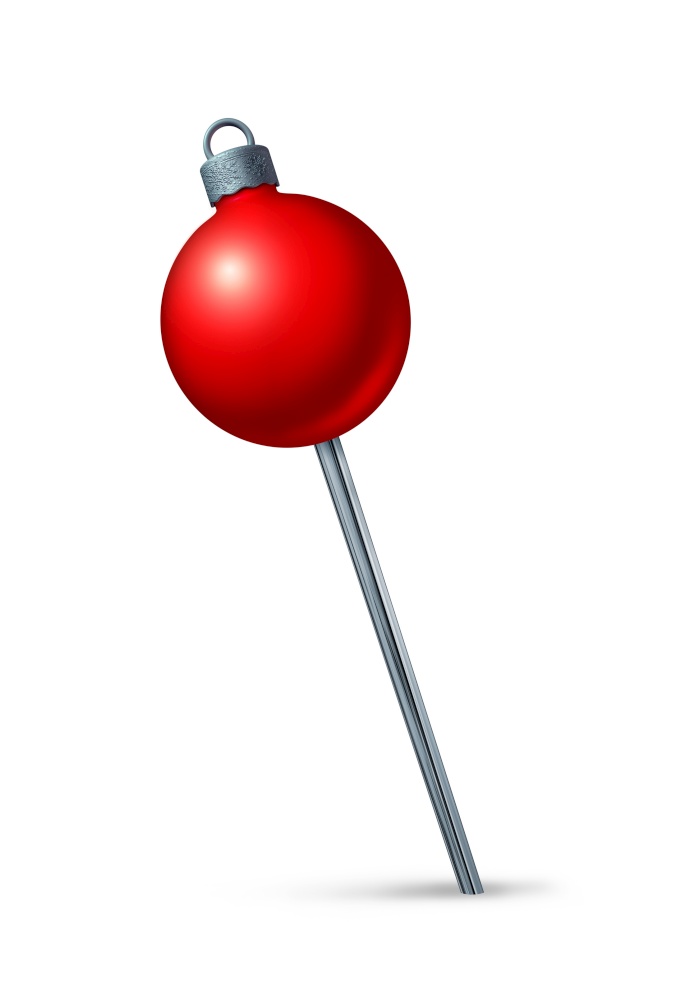 Christmas red pushpin as a holiday navigation symbol of winter season travel and festive xmas location or seasonal party position as a 3D render on a white background.