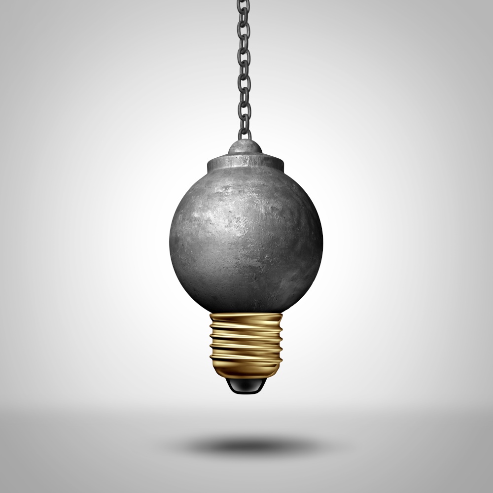 Ideas to change the world and disruptive idea or life changing renewal concept as a wrecking ball shaped as a lightbulb representing a game changer as a 3D render.