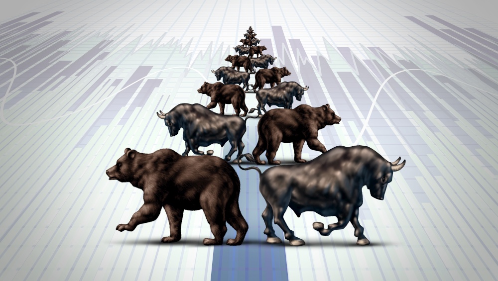 Holiday investing and winter season Investor as a financial stock market metaphor with a bull and bear  group shaped as a christmas tree seasnal economic forecast in a 3D illustration style.