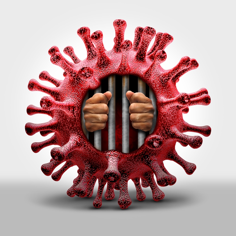 Virus prison lockdown and coronavirus or covid-19 health risk disease and flu outbreak or influenza as a dangerous viral strain case as a pandemic medical concept with dangerous cells as a 3D render.