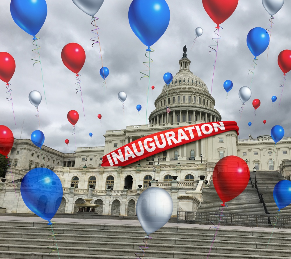 USA inauguration celebration and presidential United States inaugural day in Washington DC or Fourth of July party with balloons celebrating as a symbol of American patriotism with 3D render elements.