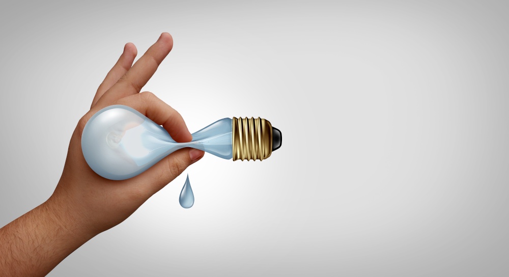 Creative juices and creativity concept as a fresh idea symbol or business ideas icon as a hand squeezing innovation from a light bulb with 3D render elements.