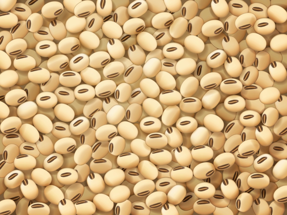 Soy beans background. Healthy nutrition, organic vegetables farm legumes fresh harvest and vegetarian food ingredient realistic vector wallpaper or background with raw soybeans. Soy beans, organic legumes harvest background