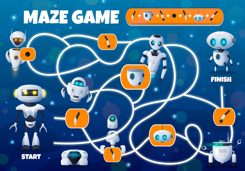 Cartoon robots, kids education maze game labyrinth with androids and chatbots, vector. Find way maze labyrinth or escape puzzle riddle board game with AI cyborgs and android aliens. Cartoon robots, kids education maze game labyrinth