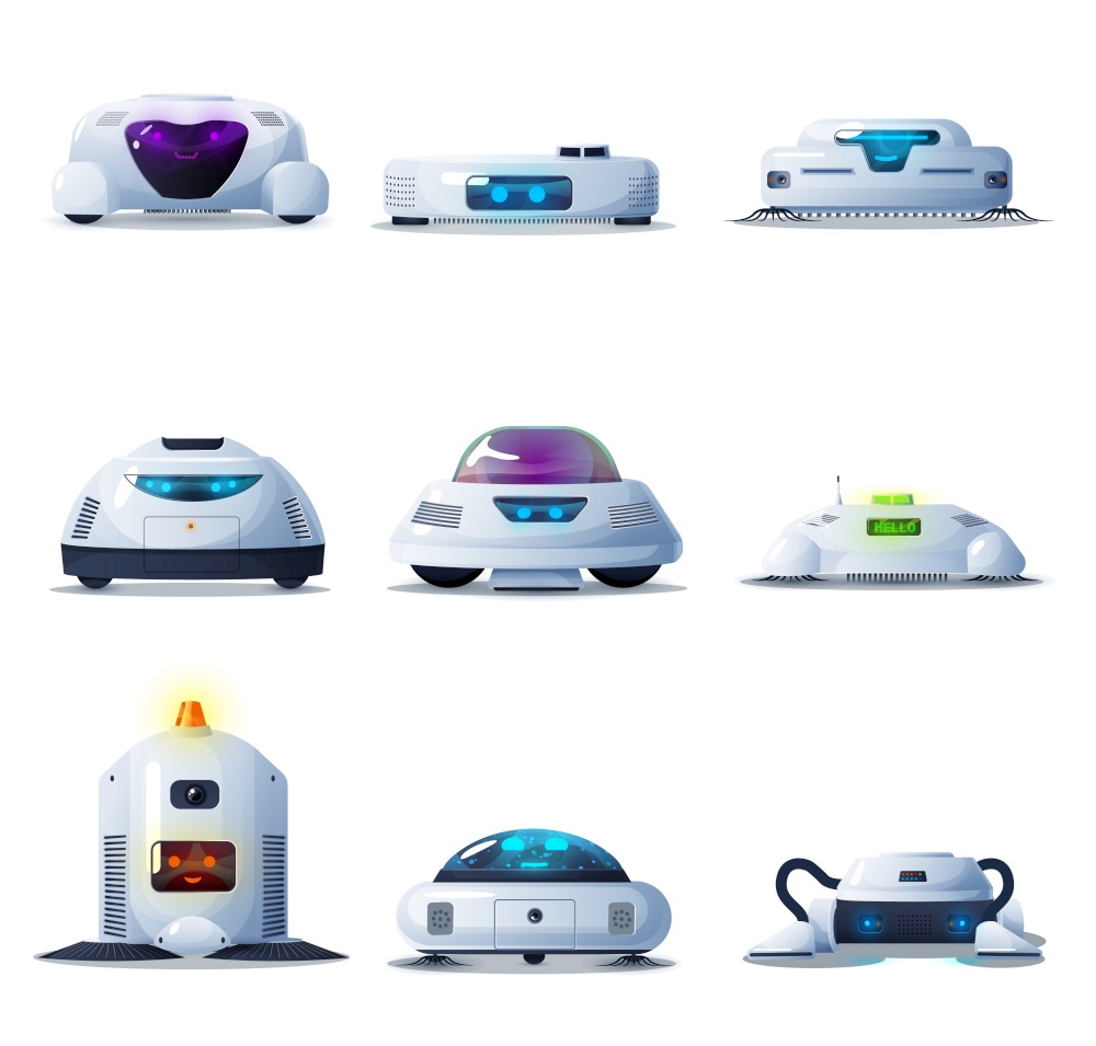 Vacuum cleaner robots, VCR droids set. Vector smart electronic machine for washing or sweeping floor, domestic equipment, wireless cyborgs for housekeeping. Robotic bots for vacuuming isolated objects. Vacuum cleaner robots, VCR droids set, robotic bot