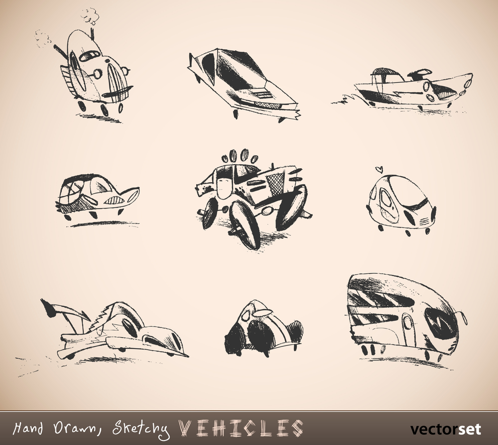 Hand Drawn, Sketchy Vehicles, Cars, Automobiles | Children Drawing Vector Set