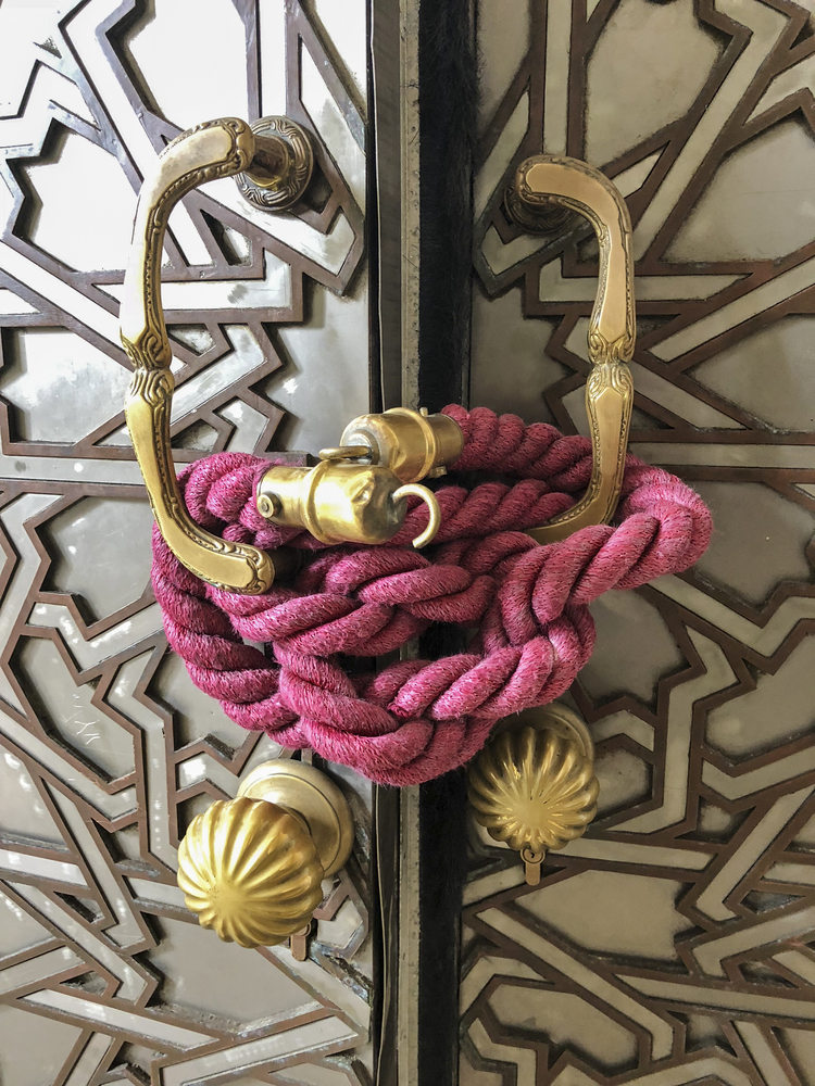 A purple rope is used to close the main doors to the King Hassan Mosque in Casablanca in Morocco.
