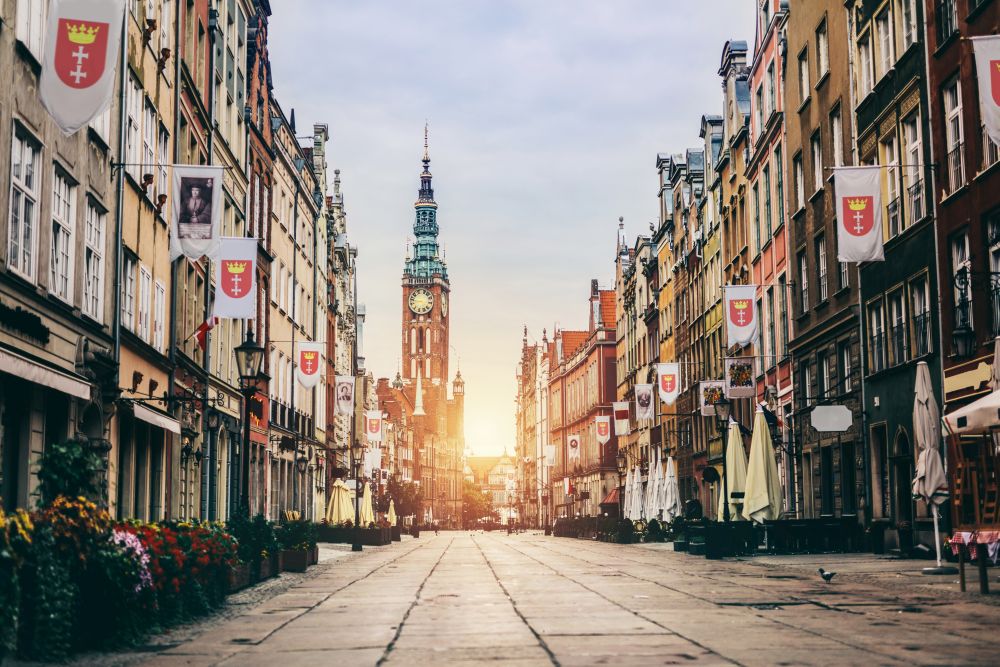 Old Town in Gdansk, Poland - Dluga Street. Travel destinations. Sunrise.. Old Town in Gdansk, Poland - Dluga Street.