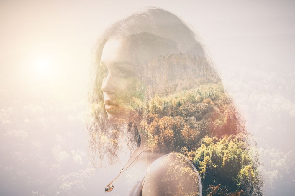 Portrait of a girl and woods with double exposure effect. Autumn, fall, nostalgic image.. Portrait of a girl and woods, double exposure.