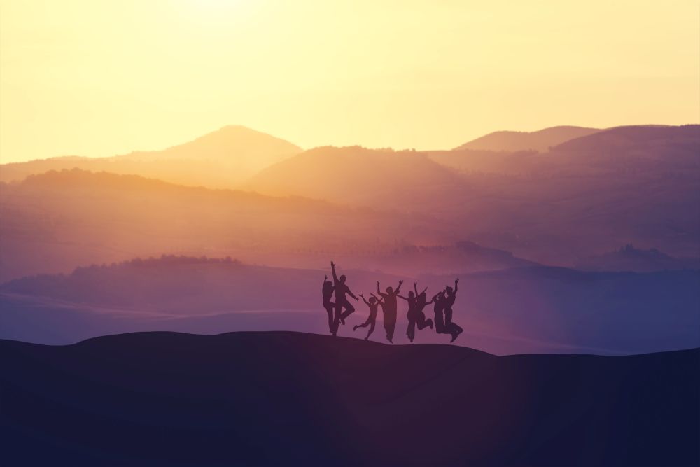 Group of people jumping high on the hill during sunset. Joy and happiness. 3D illustration.. Group of people jumping high on the hill