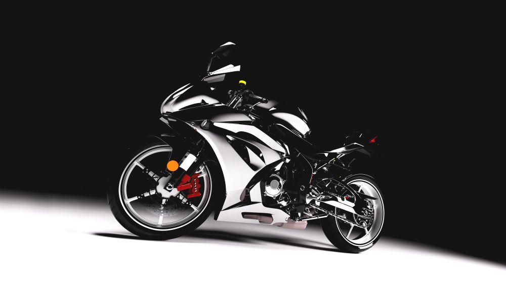 Sports motorcycle on black background. Speed, extreme sports, transportation, brandless vehicle. 3D illustration.. Sports motorcycle on black background.