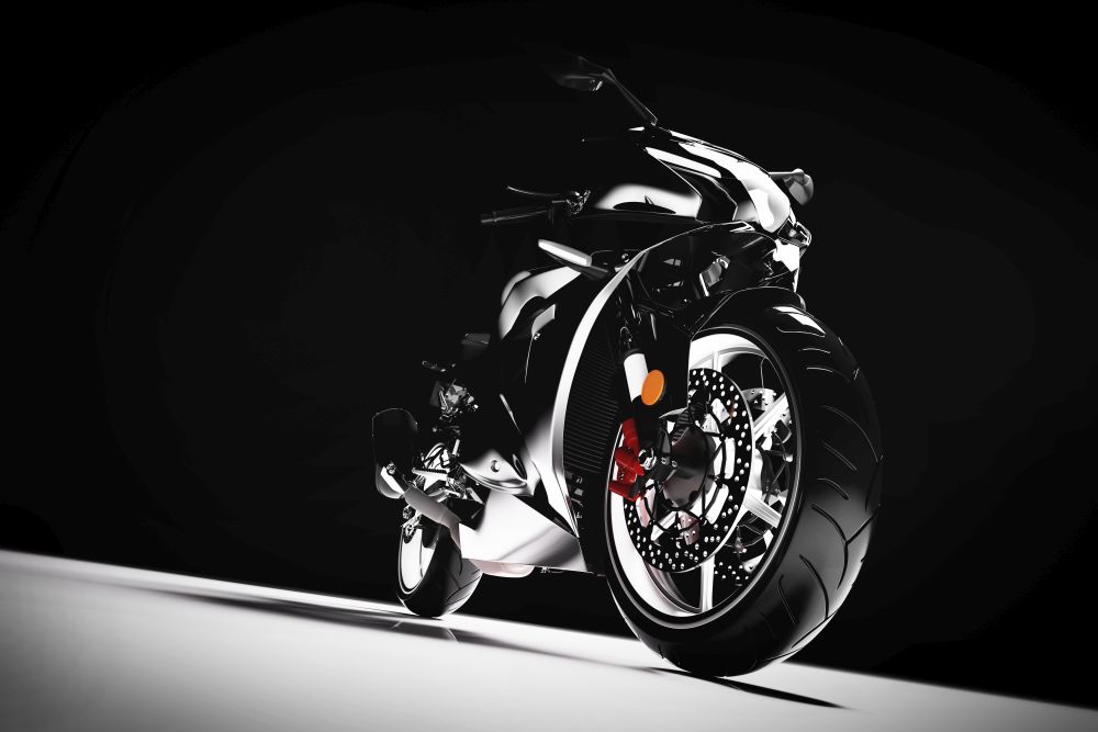 Motorcycle on black background. Speed, extreme sports, transportation, brandless vehicle. 3D illustration.. Motorcycle on black background.