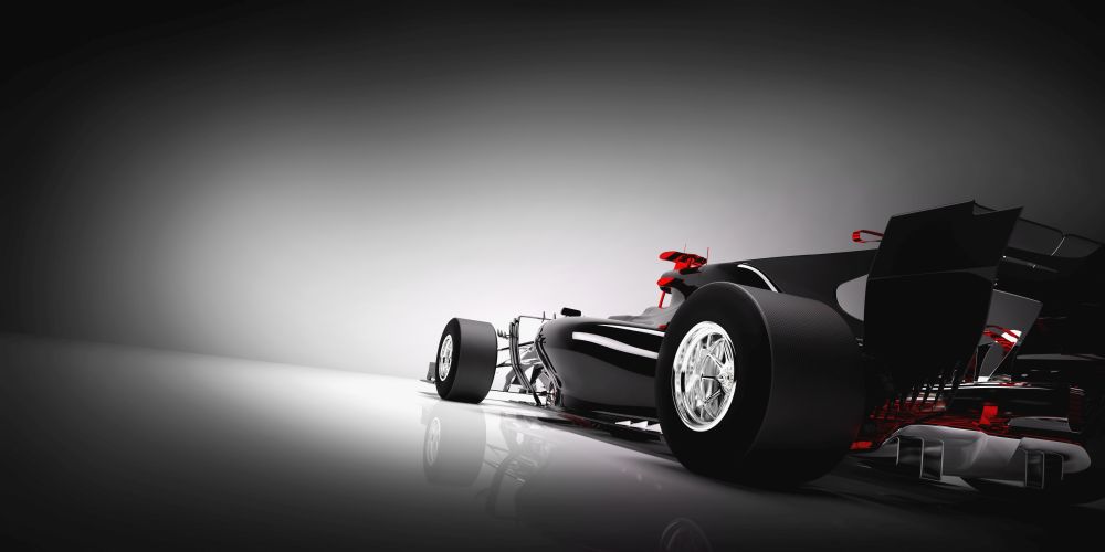 Back of F1 car on light background. Speed, extreme sports, modern vehicle. 3D illustration.. Back of F1 car on light background.