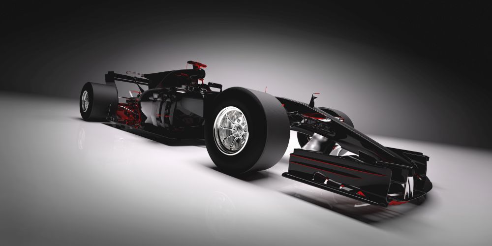 Side of F1 car on light background. Speed, extreme sports, modern vehicle. 3D illustration.. Side of F1 car on light background.