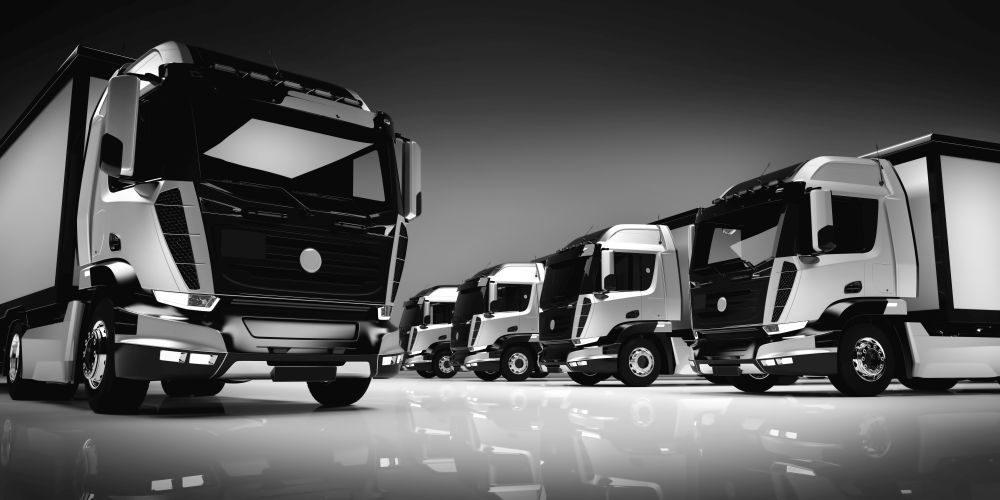 Fleet of modern trucks. Shipment, business transportation. Brandless design. 3D illustration.. Fleet of modern trucks