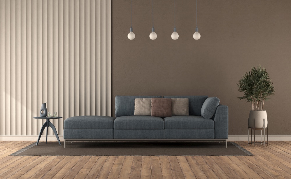 Blue sofa in a modern living room against gypsum panel and brown wall - 3d rendering. Blue sofa in a modern living room
