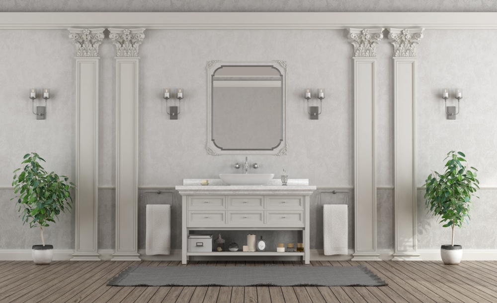 Luxury white and gray home bathroom with elegant sink on white cabinet - 3d rendering. Luxury white and gray home bathroom