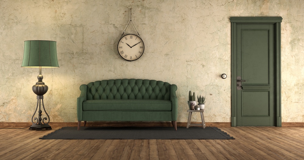Grunge home interior with green sofa and closed door - 3d rendering. Grunge interior with green sofa and door