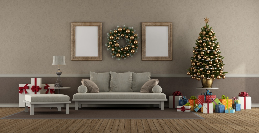 Living room in classic style with sofa, Christmas tree and gift - 3d rendering. Living room in classic style with Christmas decoration