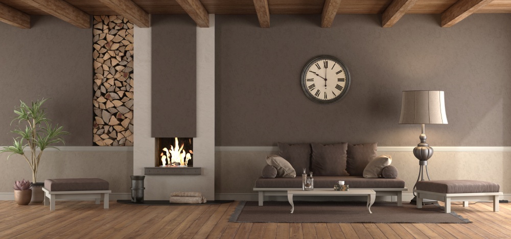 Brown living room in classic style with sofa and fireplace - 3d rendering. Classic living room with sofa and fireplace
