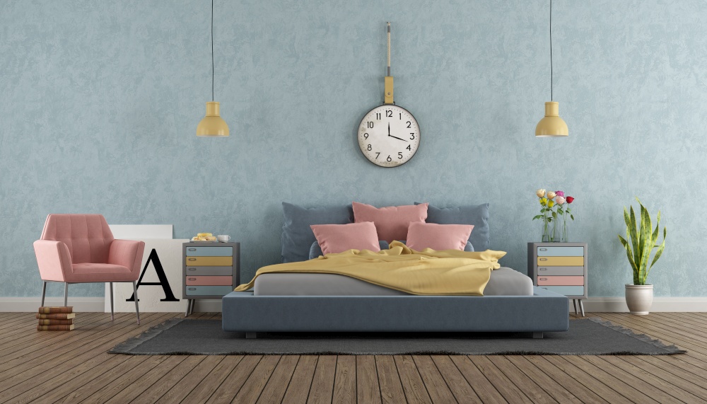 Master bedroom in pastel colors with vintage furniture and colorful double bed - 3d rendering. Master bedroom in pastel colors with vintage furniture