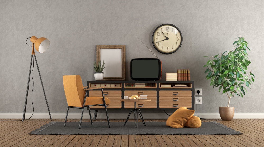 Retro living room with old tv on vintage sideboard and armchair - 3d rendering. Retro living room with old tv on vintage sideboard