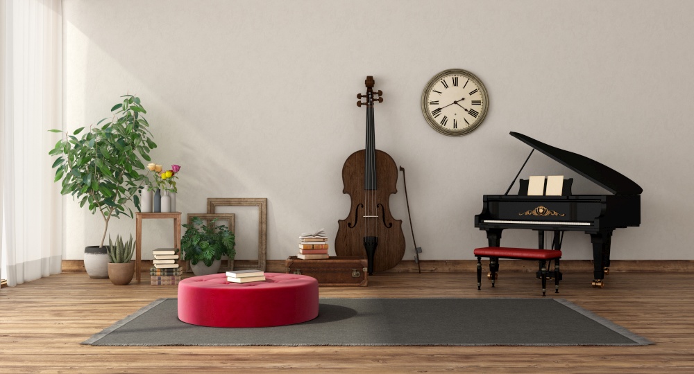Music room with grand piano and double bass , hardwood floor and white wall- 3d rendering. Music room with grand piano and double bass