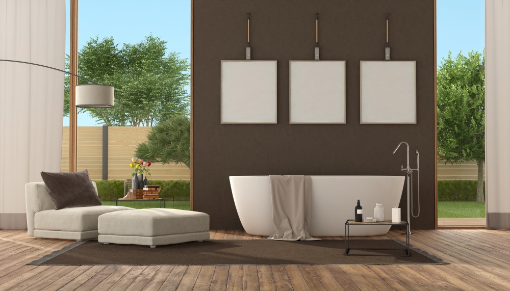 Modern large bathroom with bathtub,brown wall and armchair - 3d rendering. Modern brown bathroom with bathtub